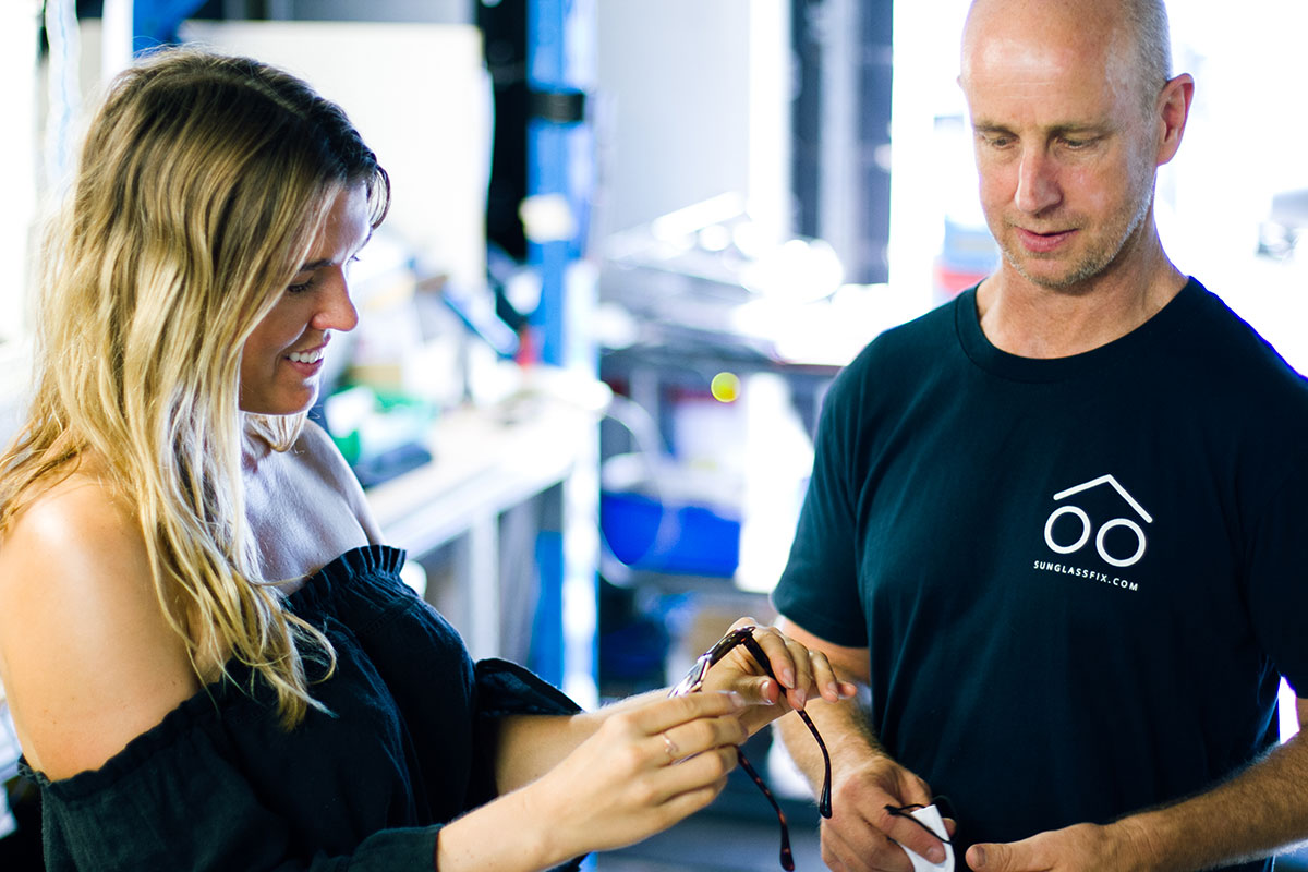 Kate getting her new sunglass lenses installed at sunglass fix