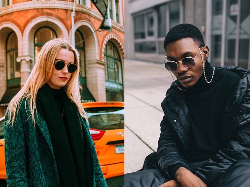 man and woman wearing unisex round sunglasses