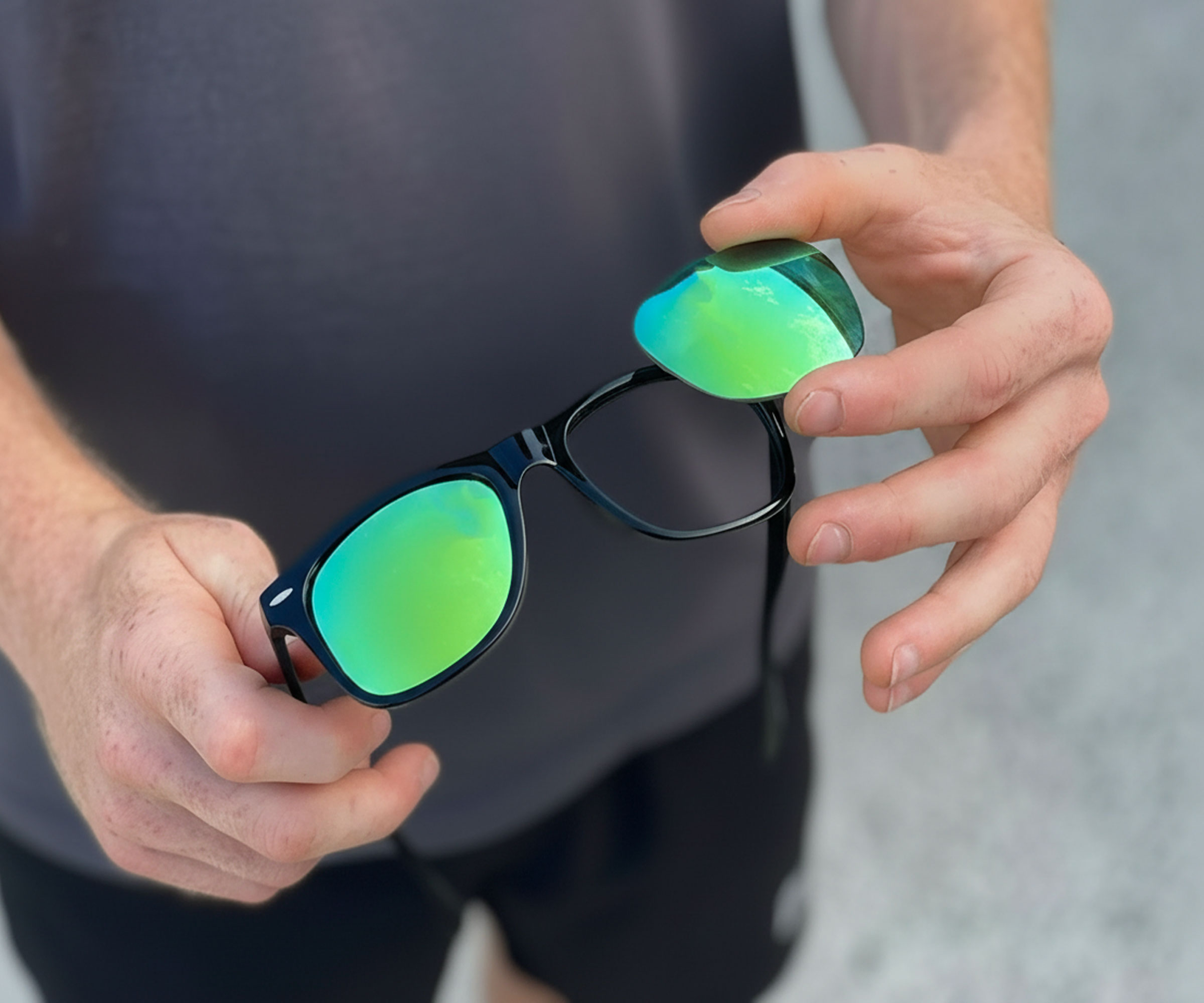 Installing green mirror replacement lenses into black Wayfarer frames