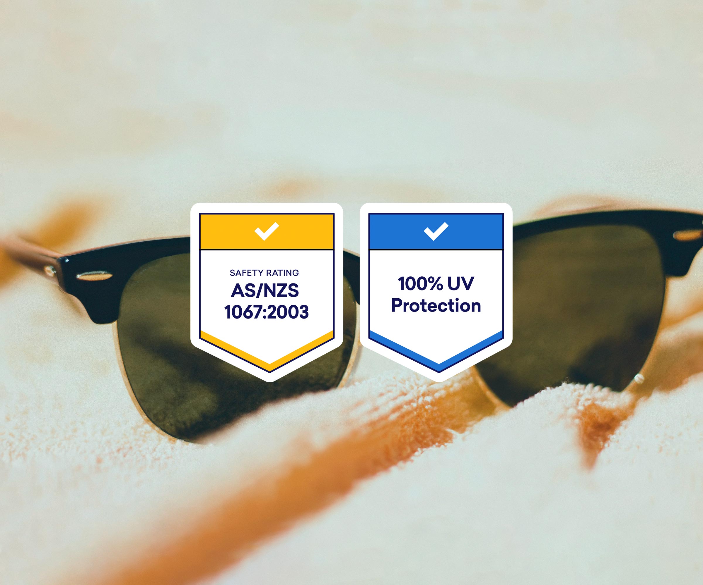 Clubmaster sunglasses with safety and UV protection certification badges