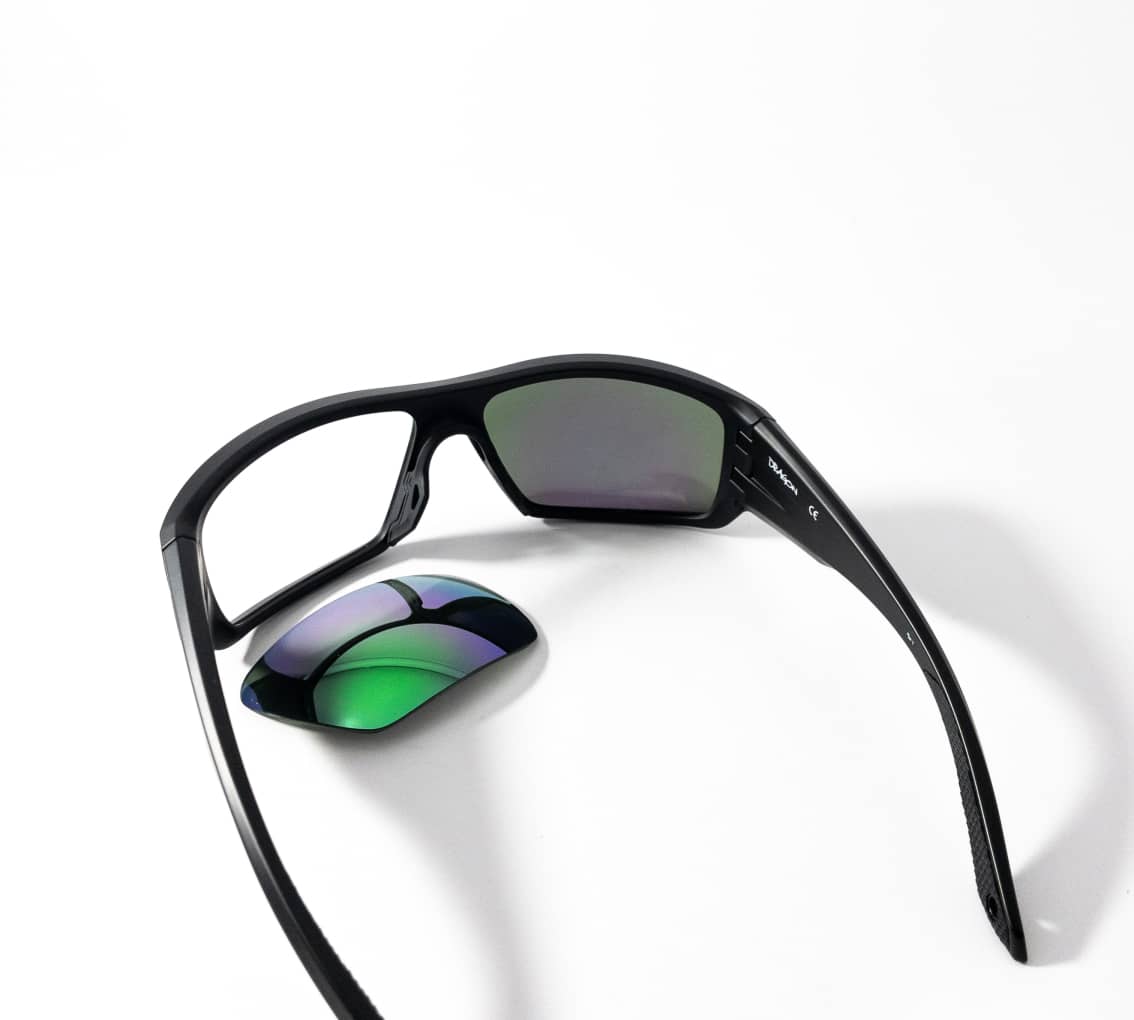Sunglasses with replacement lenses from The Sunglass Fix and left lens removed